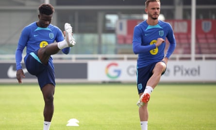 Southgate seeks England continuity as he tries to keep focus on football | England 5 Bukayo Saka and James Maddison in England training