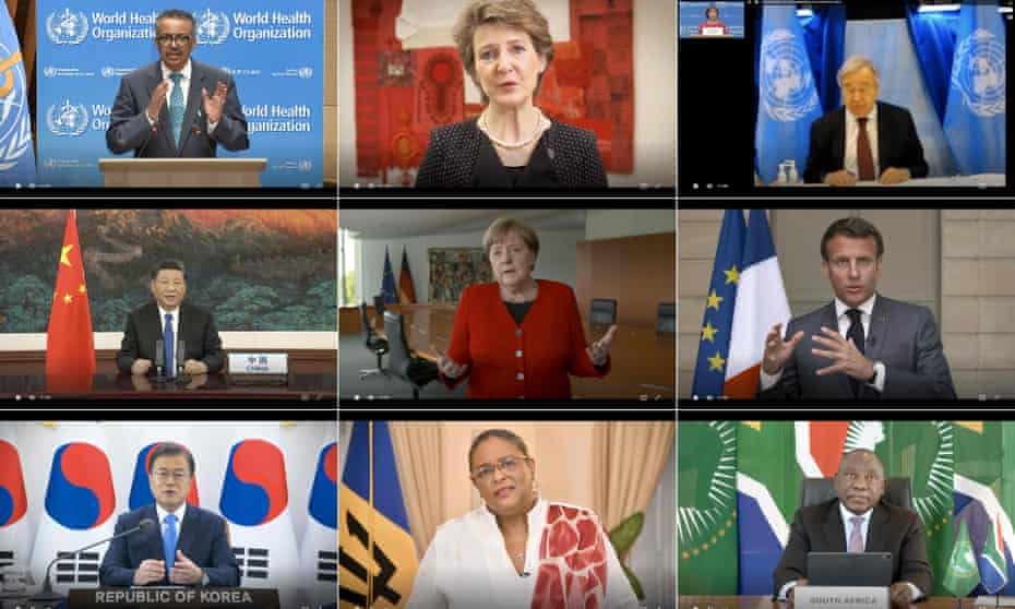 The WHO director general, Tedros Adhanom, and world leaders speak via video link to the World Health Assembly.