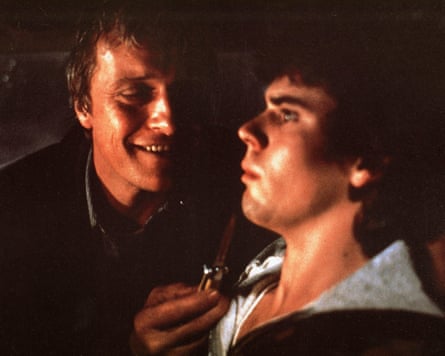 Rutger Hauer (left) terrorises C. Thomas Howell in The Hitcher.