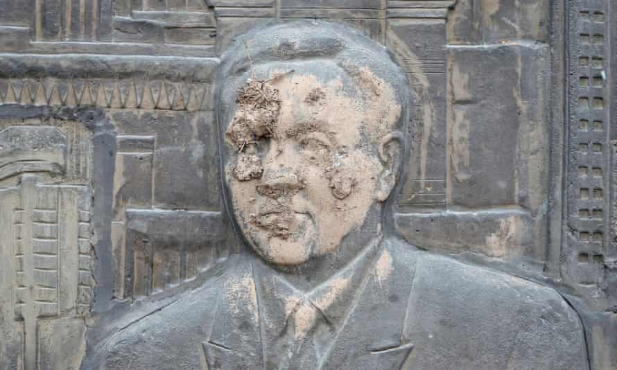 An artwork depicting Kazakhstan’s first president Nursultan Nazarbayev, which was smeared with mud during recent protests triggered by fuel price increase.