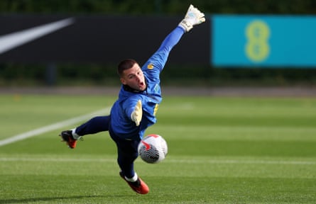 Sam Johnstone at full stretch during an England training session last month.