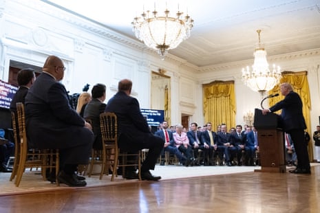 Donald Trump addressed the nation from the East Room of the White House on Thursday, as his aides and cabinet officials looked on.