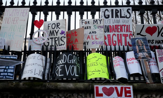  Protest banners are left in Duncannon Street, London, following a march to promote women's rights in the wake of the US election result. Photograph: Gareth Fuller/PA  