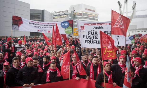 Porsche employees in the metalworkers’ union IG Metall demonstrate for the right to a 28-hour working week with a limited loss of salary.