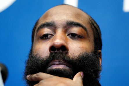 James Harden ponders a reporter's question during Tursay's introductory press conference.