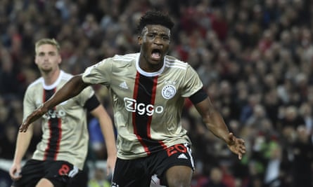 Mohammed Kudus celebrates scoring for Ajax against Liverpool at Anfield