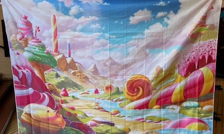 A backdrop from the event – a large piece of cloth with image of a landscape of pink and yellow candy striped canes placed around a river and against a bright blue sky with white clouds