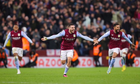  Emi Buendia of Aston Villa celebrates after scoring his side's second goal which proved to be the winner
