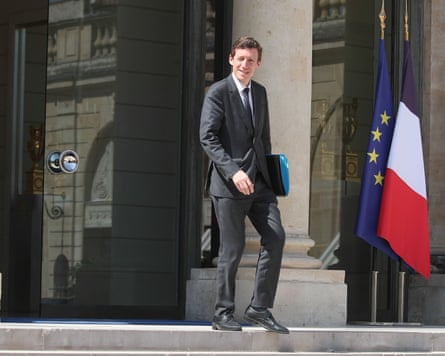 The minister of education, Édouard Geffray, seen leaving the Élysée Palace with French and EU flags in nearby