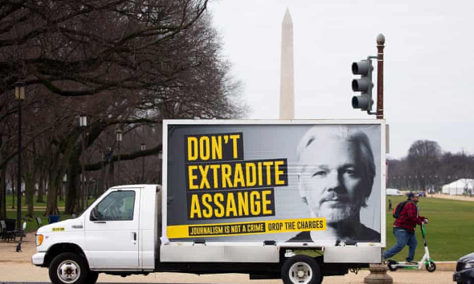 A sign on a truck with the image of WikiLeaks co-founder Julian Assange reads ‘Don’t Extradite Assange’, in the national mall in Washington DC on Monday.