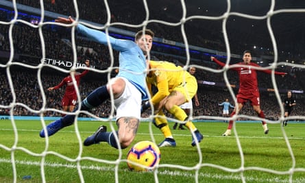 John Stones of Manchester City makes a goalline clearance at the Etihad Stadium in January 2019.