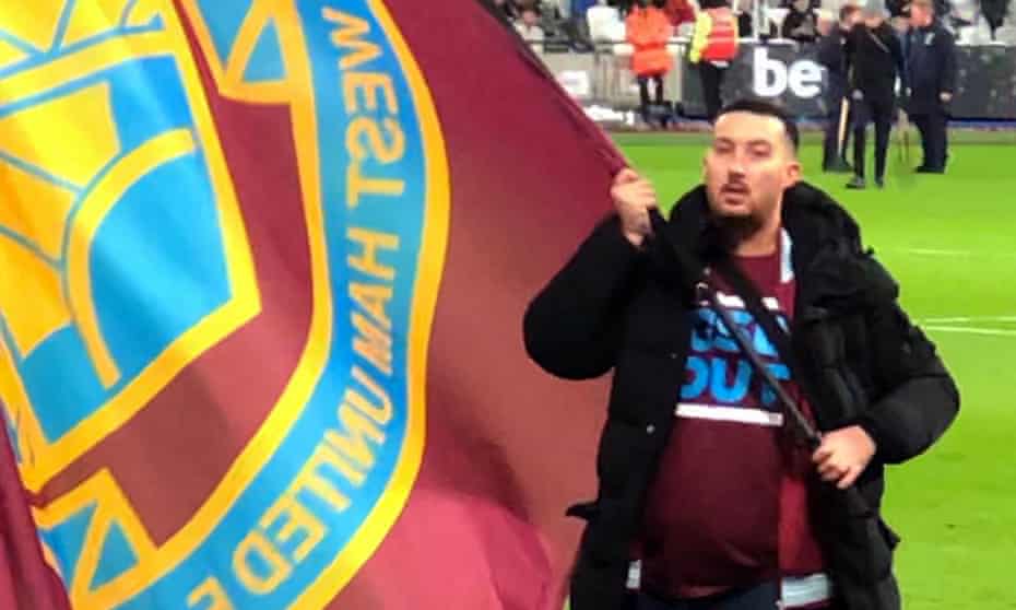 Cameron Robson wearing a ‘GSB OUT’ T-shirt – a reference to West Ham’s co-owners, David Gold and David Sullivan, and the vice-chair, Karren Brady.