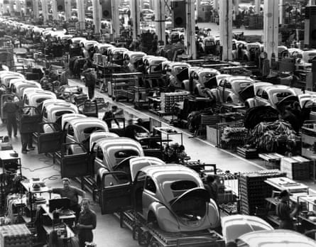 VW Beetles on the assembly lines in Wolfsburg in 1954.