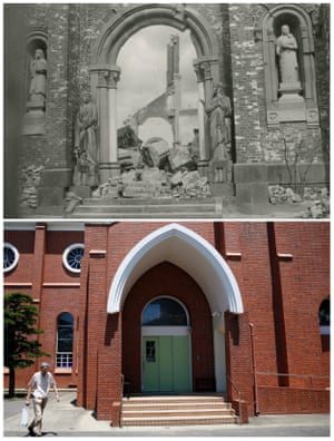 The south face of Urakami Cathedral, which was destroyed by the atomic bombing of Nagasaki on 9 August, 1945 and the rebuilt cathedral 