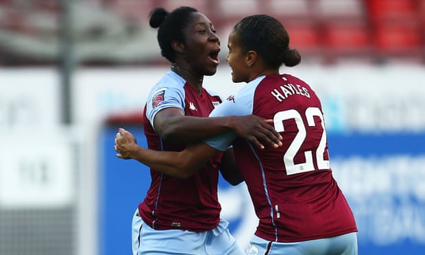 Anita Asante celebrates with Shania Hayles after scoring for Aston Villa at Brighton in November 2020.