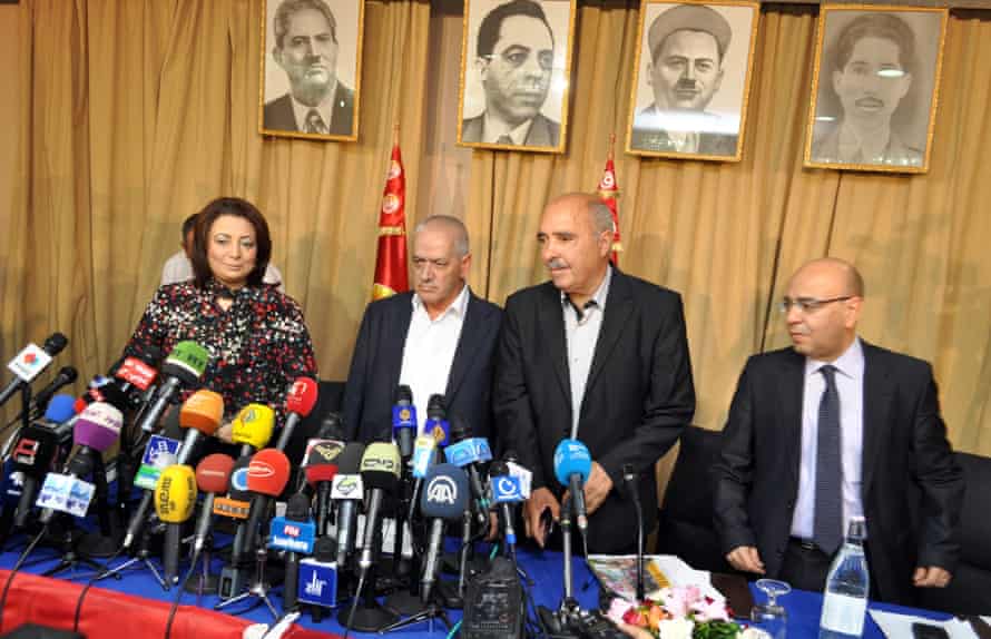 The leaders of the organisations that form the Tunisian Quartet: the employers’ union president Wided Bouchamaoui, labour union chief Houcine Abbassi, Tunisian Human Rights League president Abdessattar Ben Moussa, and Mohamed Fadhel Mafoudh of the Tunisian Order of Lawyers