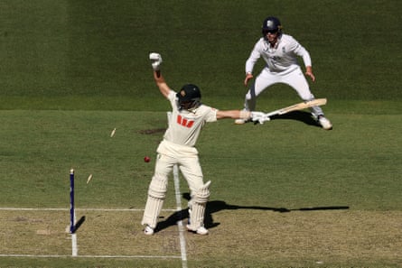 Marnus Labuschage watches his bails fly off after being bowled by Jofra Archer