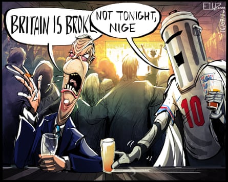 Nigel Fara depicted in a pub saying ‘Britain is broken’. Count Binface, wearing an England shirt, says ‘Not tonight, Nige’.