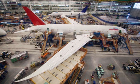 Workers at South Carolina Boeing work on a 787 Dreamliner for Air India at the plant's final assembly building in North Charleston, South Carolina, in 2013.