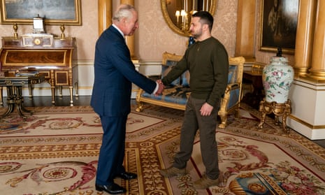 King Charles III meets Ukrainian president Volodymyr Zelenskiy at Buckingham Palace. 