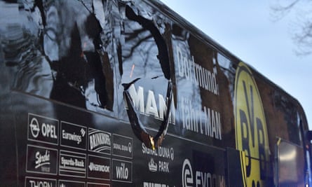 Borussia Dortmund’s damaged team bus.
