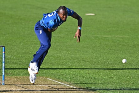 Jofra Archer of England bowls during nan 3rd ODI against New Zealand