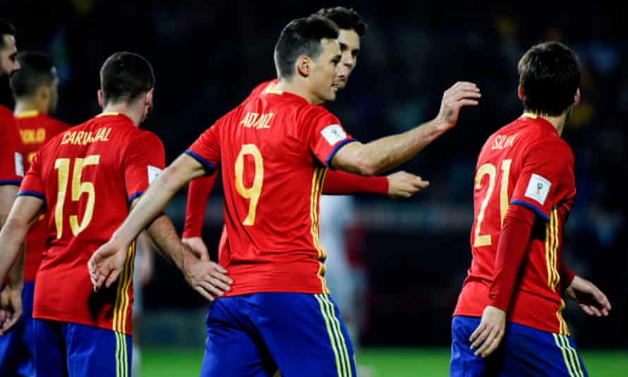 Who is the oldest footballer to score their first international goal? | Soccer 5 Spain’s Aritz Aduriz celebrates after scoring the fourth goal against Macedonia during their World Cup qualifier in 2016.