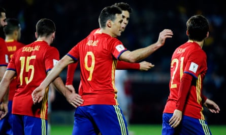 Spain’s Ariz Aduriz celebrates after scoring the fourth goal against Macedonia during the 2018 World Cup qualifier against Macedonia in November 2016.