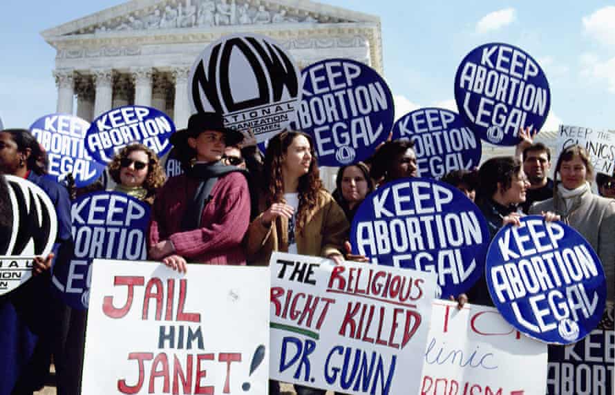 A group of women on the steps of the supreme court protest after the murder of Dr David Gunn.