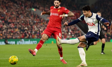 Son Heung-min of Tottenham shoots during a EFL Cup semi-final 2nd leg match against Liverpool.