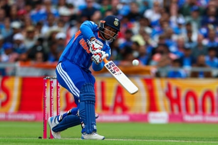 Vaibhav Sooryavanshi of India batting astatine Old Trafford