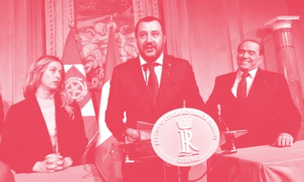 Matteo Salvini, centre, with Silvio Berlusconi and Giorgia Meloni, leader of Brothers of Italy.
