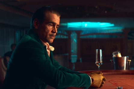 This image released by Netflix shows Colin Farrell in a scene from “Ballad of a Small Player.” (Netflix via AP)