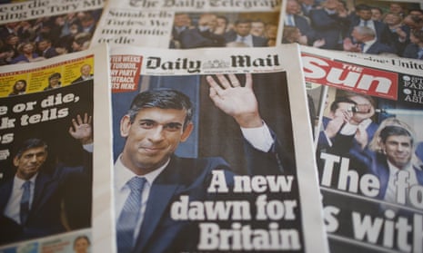 A selection of the front pages of British national newspapers showing the reaction after Rishi Sunak won the Conservative party leadership contest in 2022.
