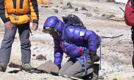 Ranulph Fiennes makes his way down Aconcagua in the Andes after being struck down with a bad back.
