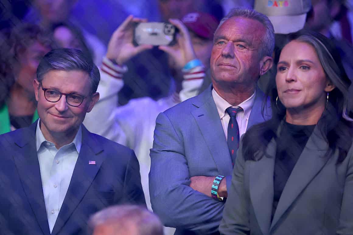 Speaker of the house Mike Johnson (left) stands with Robert F Kennedy Jr (center) and former representative Tulsi Gabbard during UFC 309 at Madison Square Garden.