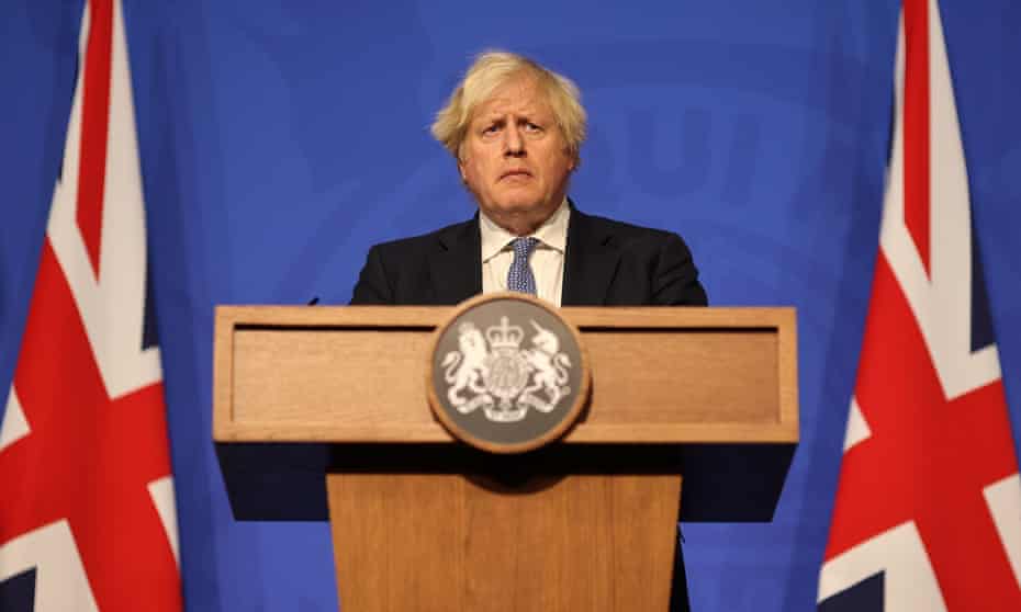 Prime Minister Boris Johnson at a press conference in Downing Street to announce new restrictions in response to the Omicron variant. 