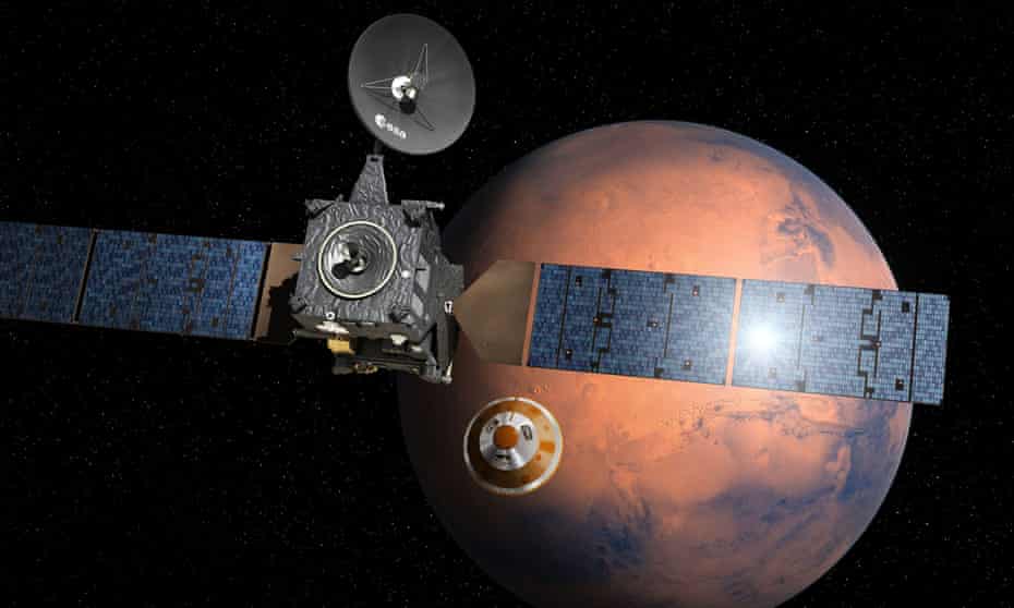 An artist’s impression of the ExoMars space mission’s Schiaparelli module separating from the Trace Gas Orbiter. The mission will search for life on the red planet.