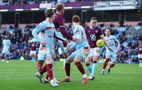 Ashley Barnes is penalised for hand ball!