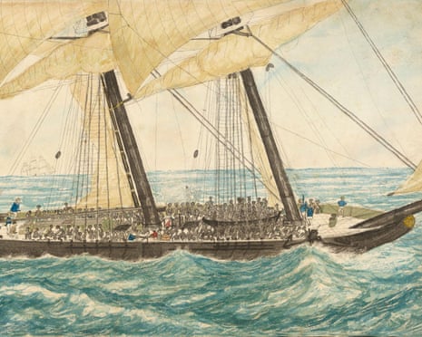 The Portuguese slaver Diligent captured by HM Sloop Pearl with 600 slaves on board taken in charge to Nassau. The slave ship Diligente was engaged in the illegal slave trade when it was seized in 1838. A lieutenant in the British Royal Navy painted this scene from the ship.