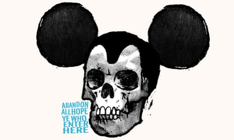 Illustration by David Foldvari of Mickey Mouse skull with the phrase "Abandon all hope ye who enter here"
