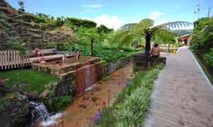 streams and pools with blue sky and bathers