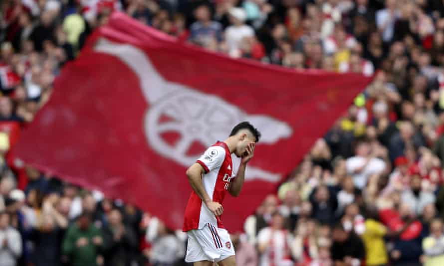 Arsenal's Gabriel Martinelli reacted after scoring a goal which was later disallowed for offense.