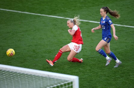Stina Blackstenius slots home Arsenal’s third goal in last weekend’s 4-1 WSL win over Leicester City.