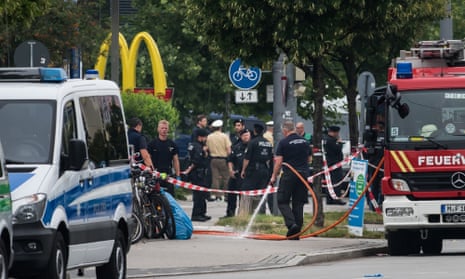 The scene outside the McDonald’s in Munich where the gunman opened fire shortly before 6pm local time. 