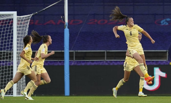 Tine De Caigny jumps to celebrate her goal.