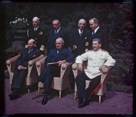 From left: Clement Attlee, Harry S Truman, and Joseph Stalin – the ‘Big Three’ at the final meeting at Potsdam. In the rear, from left: Admiral Leahy, Truman’s chief of staff; Ernest Bevin, UK foreign minister; US secretary of state James Byrnes; and Russian foreign minister Vyacheslav Molotov.