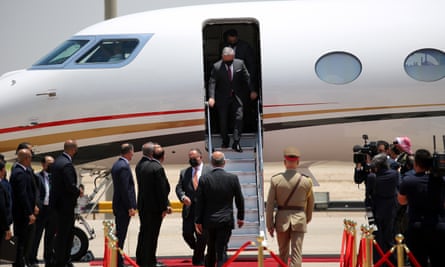King Abdullah arriving at Baghdad international airport, Iraq, for a summit in June 2021.