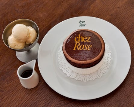 The ‘unmissable’ 70% chocolate souffle vanilla ice-cream, at Chez Rose, London W1.