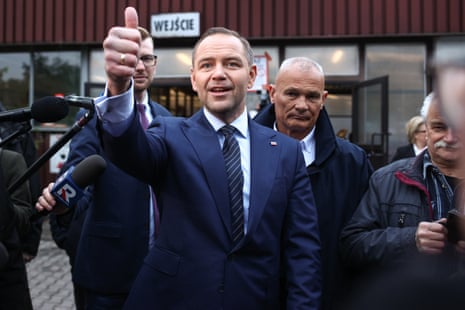 Karol Nawrocki, head of the Institute of Remembrance (IPN) and candidate in the 2025 presidential elections, attends a meeting with local residents in Mysłowice, Poland.